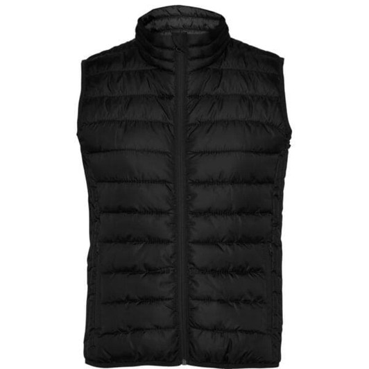 A black padded vest with a high collar and zip front, featuring a logo on the chest.