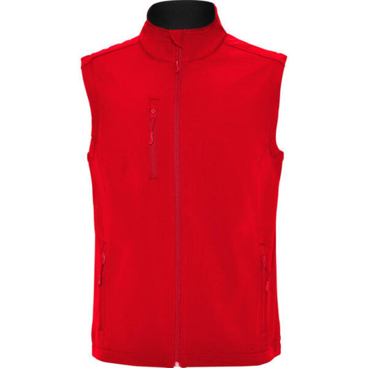A red softshell vest with a zip front and two side pockets, featuring a logo on the upper left side.