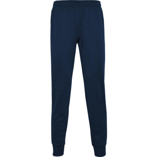 Navy track pants with an elastic waistband and cuffed ankles, featuring a logo. Suitable for casual and athletic wear.