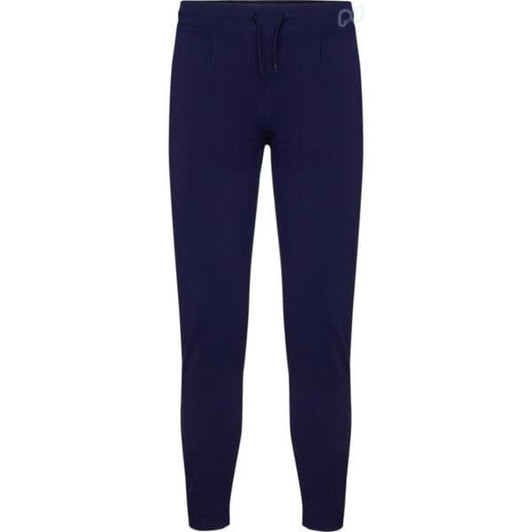 Navy stretch trousers with a drawstring waist and slim fit design, featuring pockets and a branding logo.