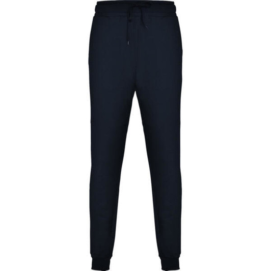 Navy track pants with a fitted design, featuring an elastic drawstring waistband and closed cuffs. Includes a logo.