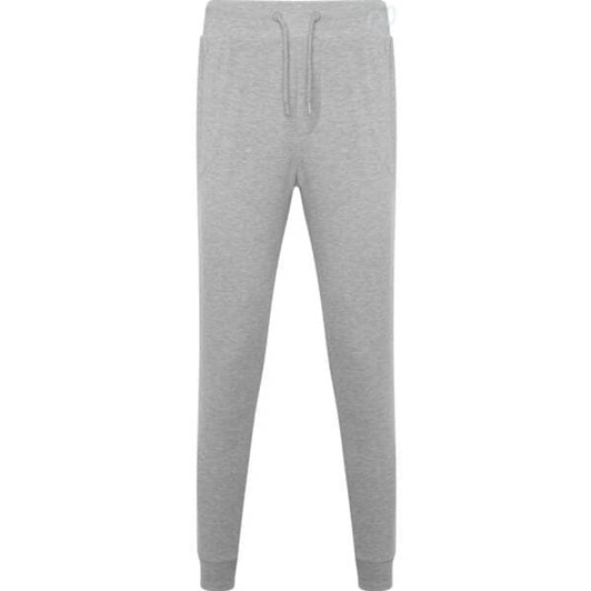 Grey track pants with a tapered fit and drawstring waist, featuring branding on the front.