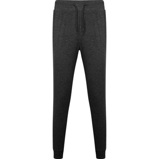 A pair of grey track pants with an elastic waistband and tapered legs, featuring pockets and a logo.