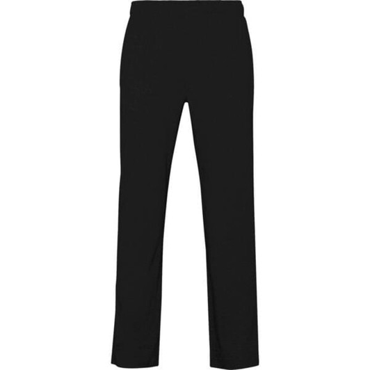 Black track pants with an elastic waistband and a simple design, featuring a logo on one side.