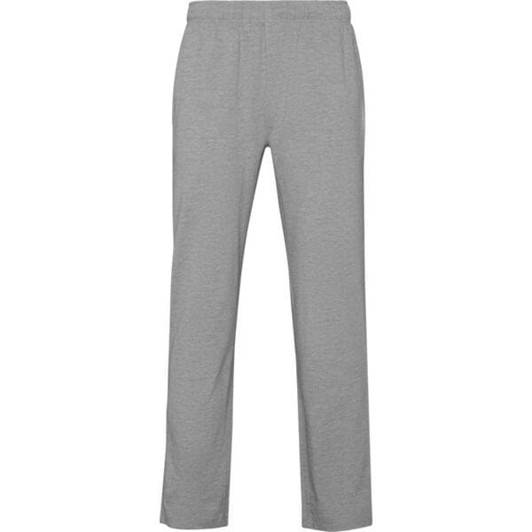 Grey track pants with a relaxed fit and an elastic waistband, featuring a logo on the side.