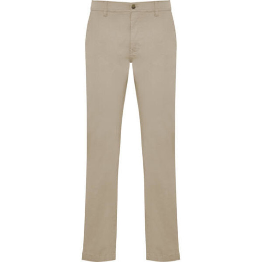 Beige trousers with a straight leg design, featuring a front button and a small branding logo.