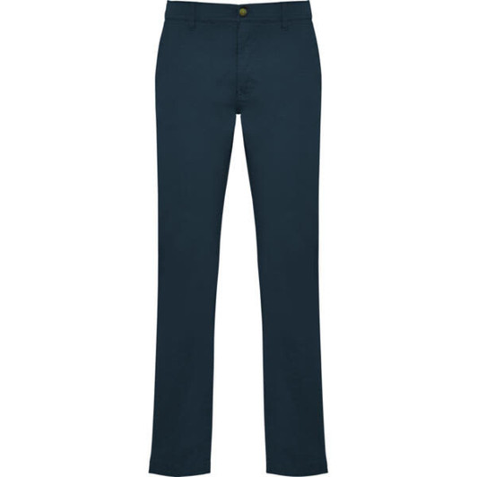 Navy blue trousers with a straight leg design, featuring a front button closure and a logo on the waistband.
