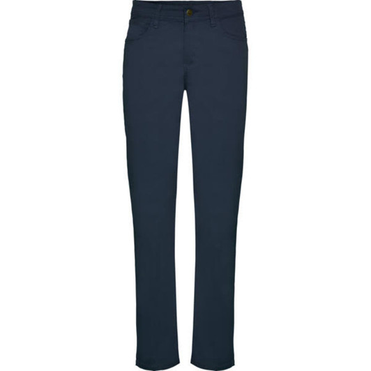 Navy women's trousers featuring a classic slacks design and a logo. Suitable for various occasions.