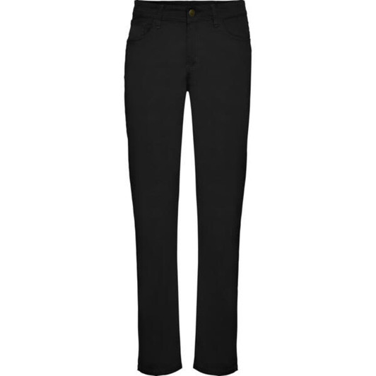 Black women's trousers with a straight fit, featuring pockets and a button closure. Includes branding on the waistband.
