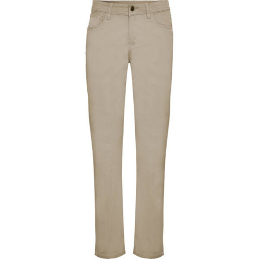 Beige women's trousers with a straight-leg design, featuring a front button and pockets. The product includes a logo.