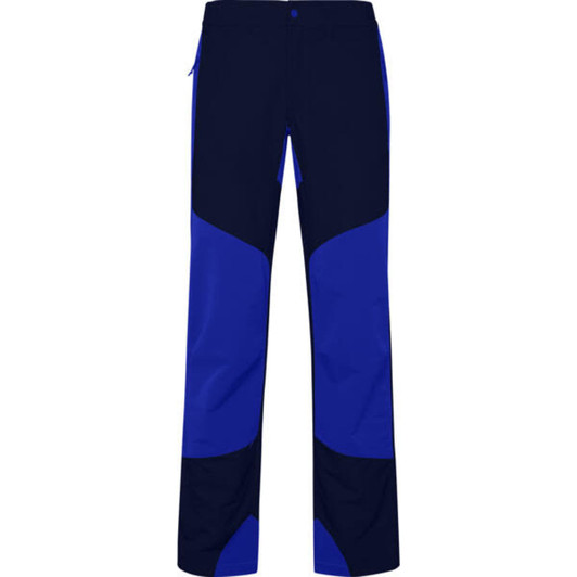 Blue hiking trousers with dark blue accents and a logo on the waistband.