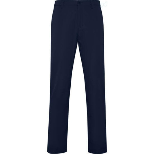 Navy chinos featuring a straight-leg design, suitable for casual or formal wear. Includes a logo detail.
