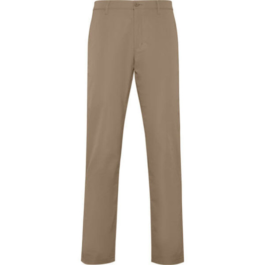 Beige chino trousers with a straight-leg cut, featuring a button and zipper closure. Includes a logo detail.
