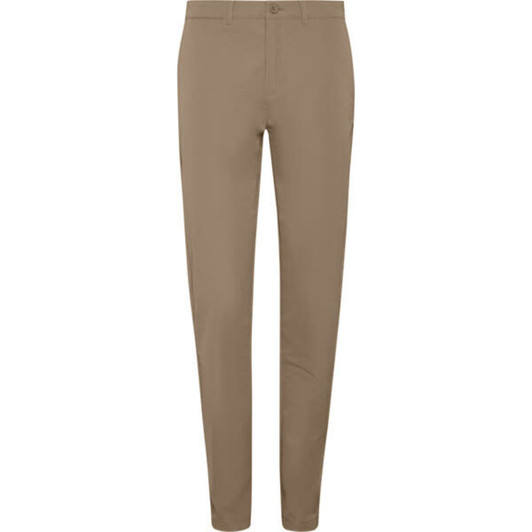 Tan women's chino trousers with a slim fit, featuring a button closure and a logo.