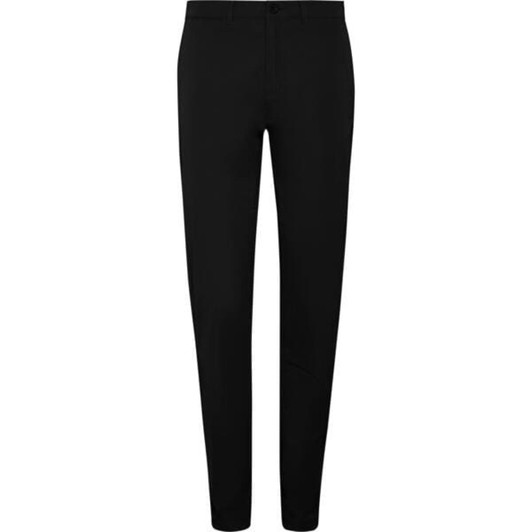 Black women's chino trousers featuring a slim fit design and a waistband with a logo. 