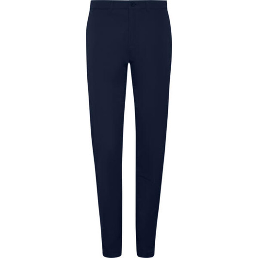 Navy chinos for women, featuring a classic fit design and a waistband with a button closure. Includes a logo.