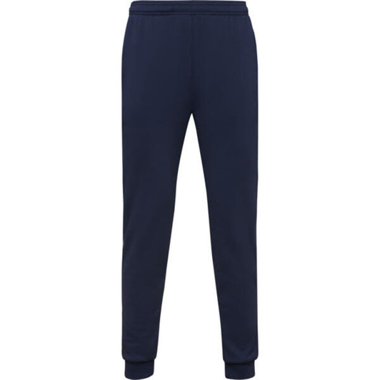 Navy track pants with an elastic waistband and cuffs, featuring a small logo on the front.