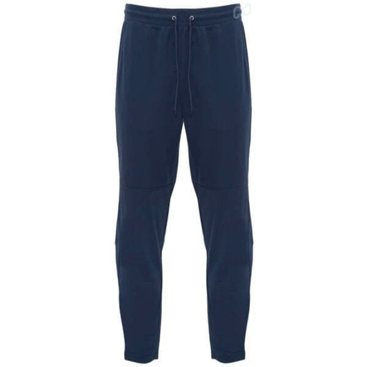Navy track pants with a drawstring waistband, featuring a logo on one side.