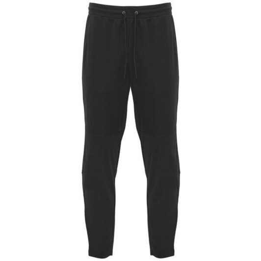 Black track pants featuring a drawstring waistband and a logo. Designed for comfort and style.