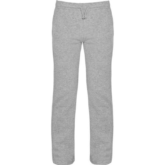 Grey track pants with a drawstring waistband and a logo on the side. Suitable for casual wear and relaxation.