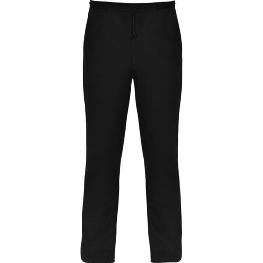 Black track pants featuring a drawstring waist and a logo.