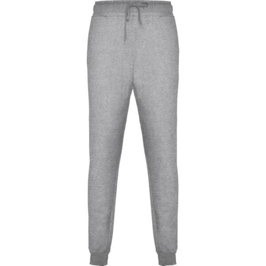 Grey track pants with an elastic waistband and cuffs, featuring a drawstring and a logo.