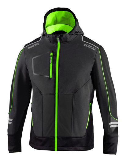 A black soft-shell jacket with green accents and a hood, featuring a logo and reflective elements.