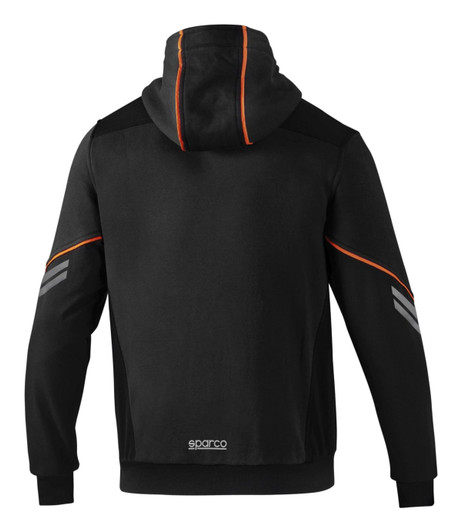 A black hooded jacket featuring orange accents and a logo on the lower back.