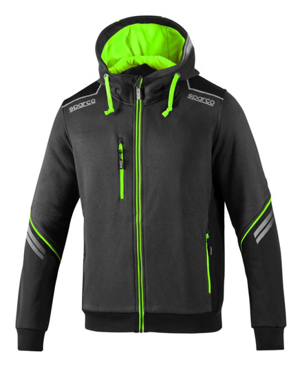 A full zip hooded jacket in black with vibrant green accents and a logo, featuring a lined hood and zip pockets.