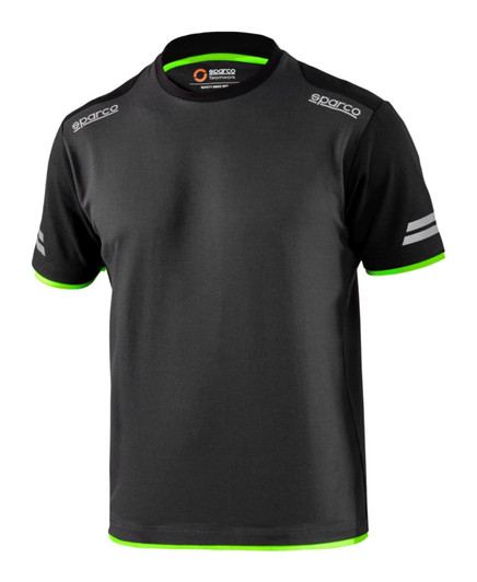 A black t-shirt with green accents and a logo, featuring stripes on the shoulders.