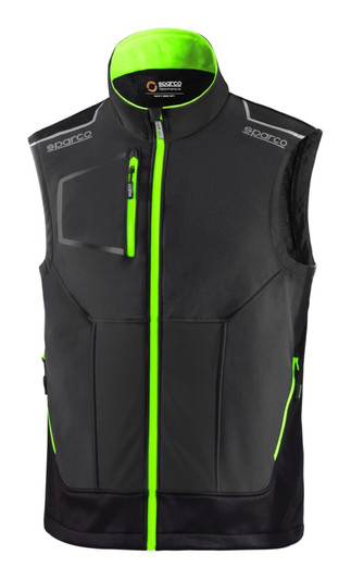 A sleeveless vest in black with bright green accents and a zippered front, featuring a logo on the collar.