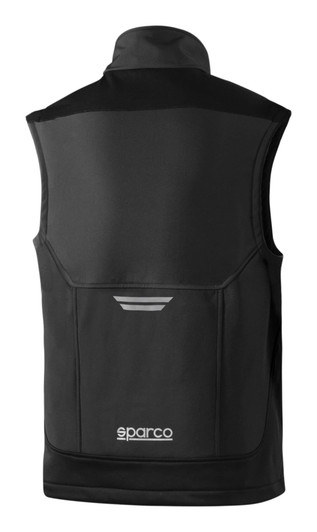 A black light vest with a high collar and a simple design, featuring a logo on the lower back.