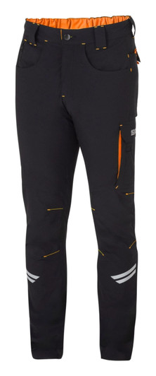 Lightweight black trousers with orange accents, featuring multiple pockets and reflective details. Includes a branding logo.