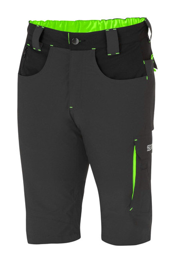 Light shorts in black with neon green accents and multiple pockets, featuring a stretchy waistband and logo.