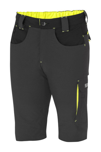 Black shorts with yellow accents and pockets, featuring a branded logo on the side.
