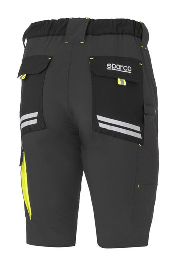 Lightweight grey shorts with reflective stripes and multiple pockets, featuring a logo on the back.