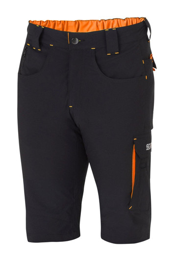 Light shorts in black with orange accents, featuring multiple pockets and an elastic waistband. Includes branding.