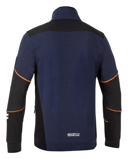 A navy and black full zip tech jacket featuring orange accents and a logo on the back.