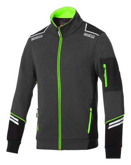 A grey full zip tech jacket with neon green accents and a zippered arm pocket, featuring a logo.