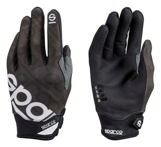 Two black gloves featuring a grey and white logo, with a textured grip and adjustable wrist straps.