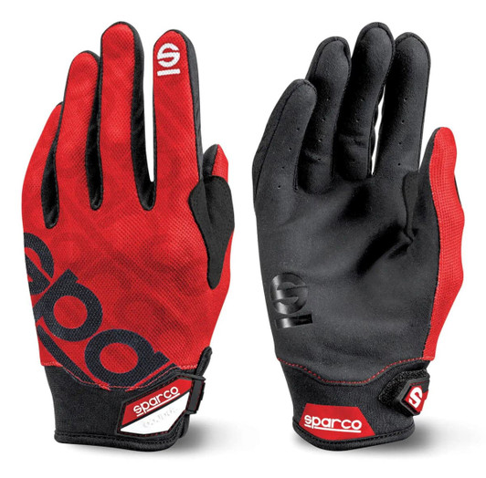 Meca-3 gloves in red and black, featuring a logo and a sleek design with a textured grip.