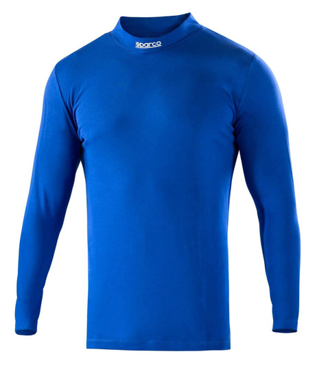 A blue long-sleeved T-shirt with a round neckline and a logo at the collar.