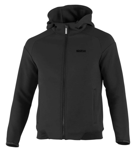 A full zip hooded jacket in black featuring a logo and side pockets.