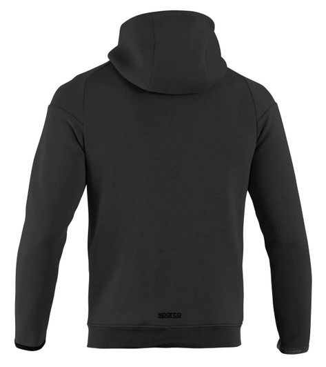 A black full zip hooded jacket with a plain design and a hood, featuring a small logo on the back.