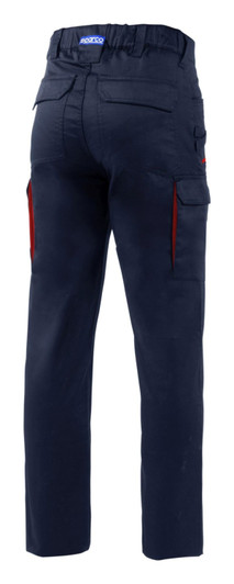 Navy blue trousers featuring red accents and multiple pockets, displayed from the back view. Includes a branding logo.