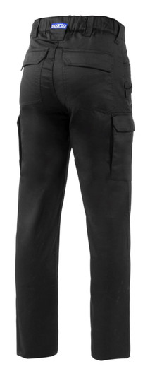 Black trousers featuring cargo pockets, designed with a comfortable fit and elastic waistband. Includes a branding logo.