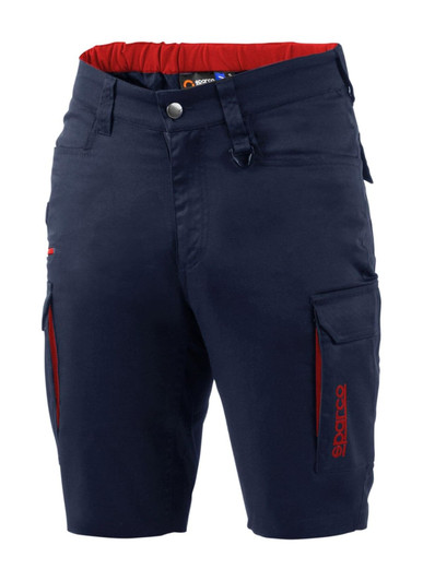 Navy Bermuda shorts with red accents and cargo pockets, featuring a logo on the side.