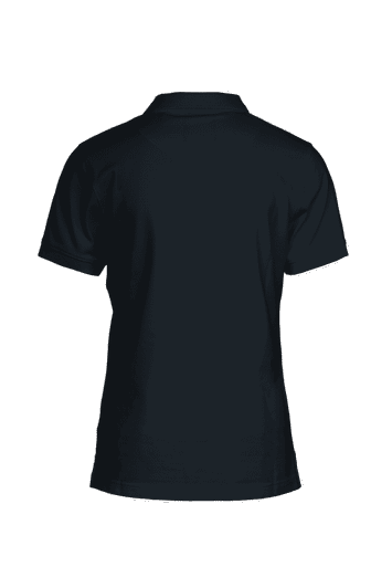 A dark navy women's polo shirt featuring a classic design and a logo on the collar.