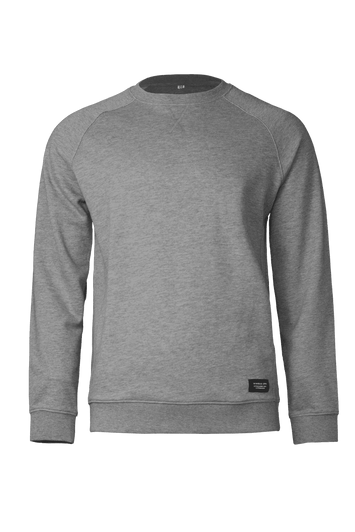 A grey sweatshirt with a classic fit and a logo. Features raglan sleeves for added comfort.
