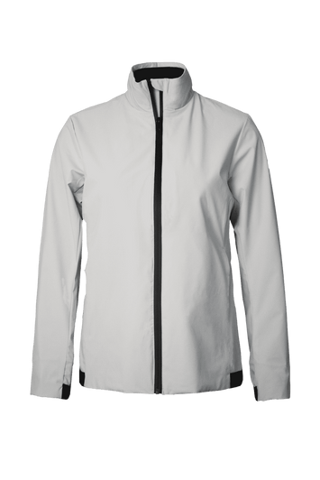 A women's jacket in light grey with black zipper and details, featuring a high collar and long sleeves.